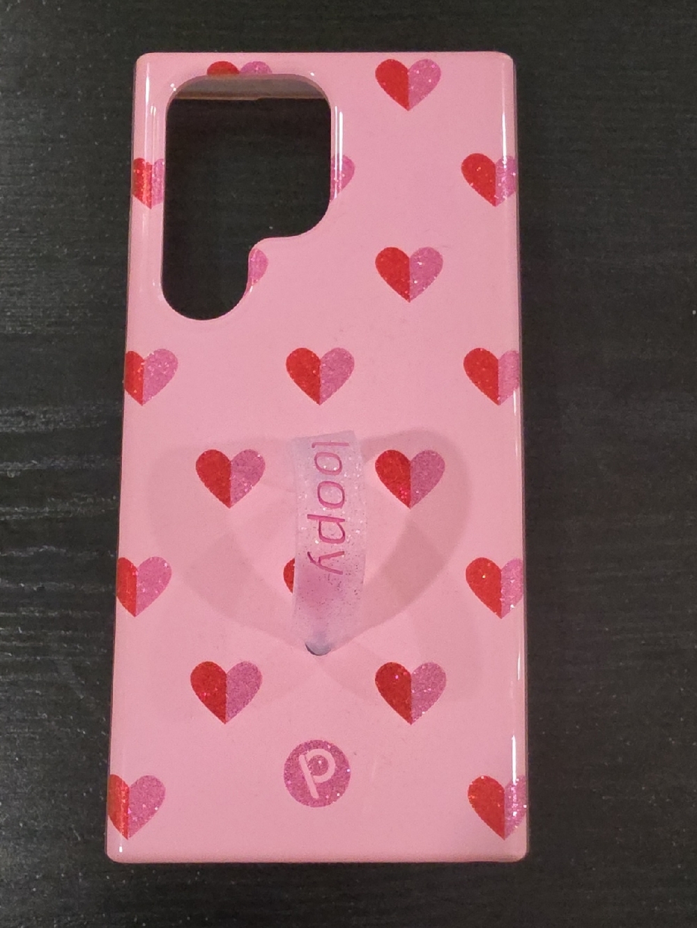 Loopy Case Pink Phone Case with Red & Pink Heart Pattern and Grip Strap